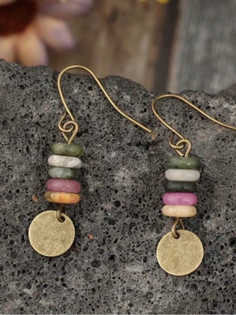 Boho Multicolor Stone Disc Drop Earrings